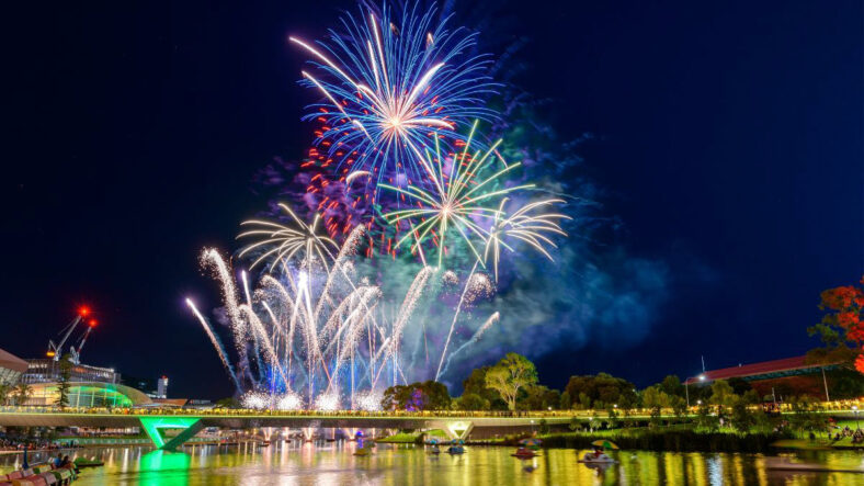 fireworks over Torrens foot bridge in Adelaide for Australia Day festival